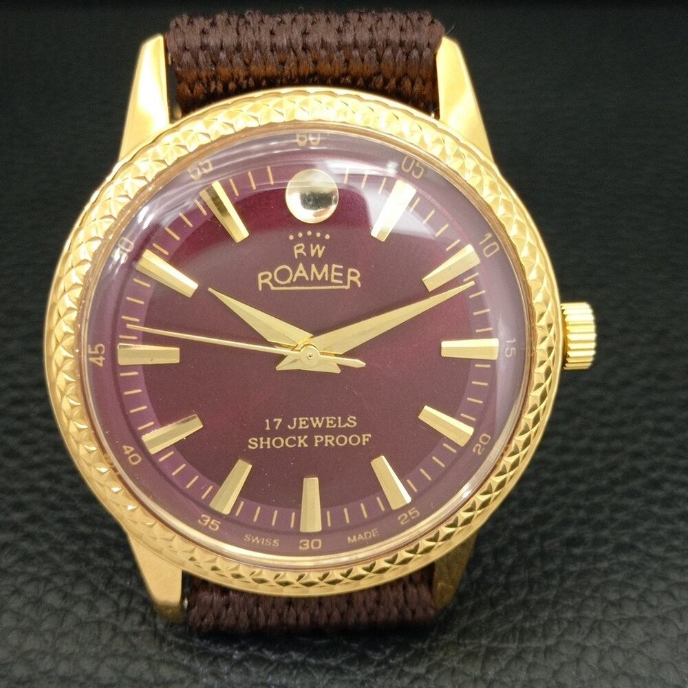 Vintage 1984 Roamer Manual Mens Gold Watch W/Nato Strap & Red accents - Picture 4 of 9